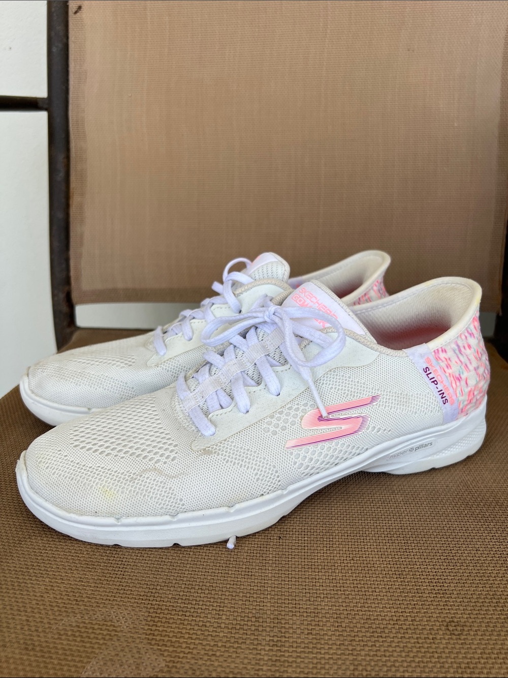 Skechers White Athletic Lace-Up Sneakers with Pink Accents